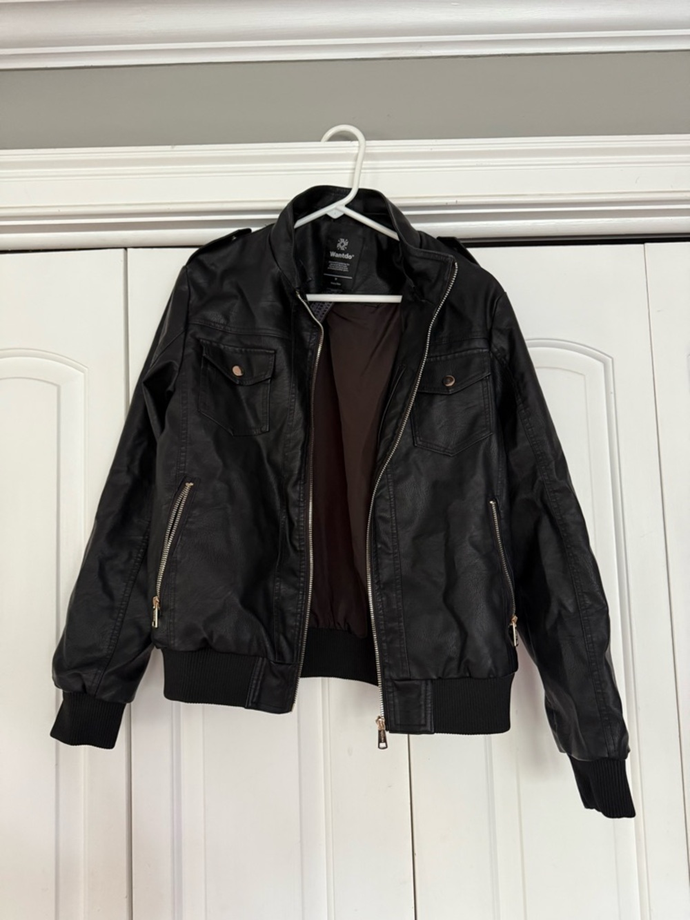 Black Faux Leather Bomber Jacket with Zip Pockets